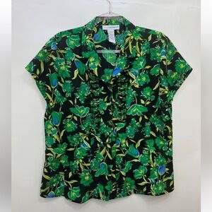 Vintage Sag Harbor Green Floral Short Sleeved Button Down Ruffled Women's 16